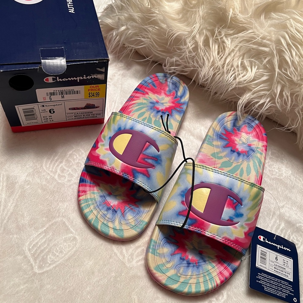 NEW CHAMPION MEGA SLIDE TIE DYE FUCHSIA PINK WOMEN’S